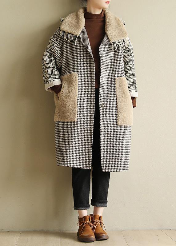 Simple big pockets Plus Size patchwork box coat plaid daily outwears - bagstylebliss