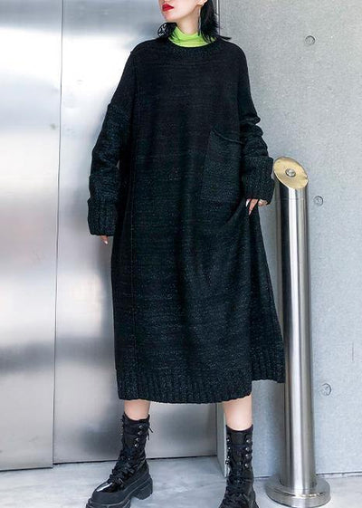 Simple big pockets Sweater fall dress DIY black Tejidos knitted dress - bagstylebliss