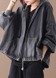 Simple black Fine tunics for women Neckline hooded zippered women coats - bagstylebliss