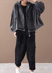 Simple black Fine tunics for women Neckline hooded zippered women coats - bagstylebliss