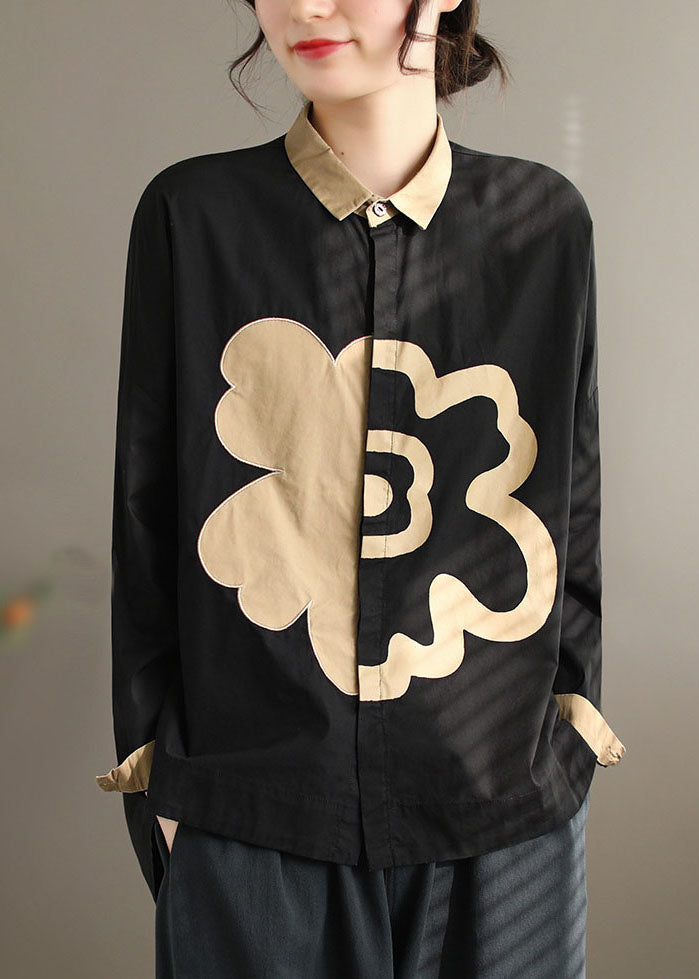 Simple black Peter Pan Collar Patchwork shirt Batwing Sleeve