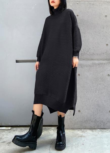 Simple black Sweater outfits Largo high neck low high design Art fall knit dress - bagstylebliss