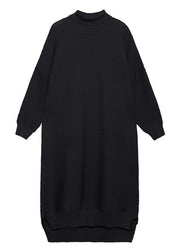 Simple black Sweater outfits Largo high neck low high design Art fall knit dress - bagstylebliss