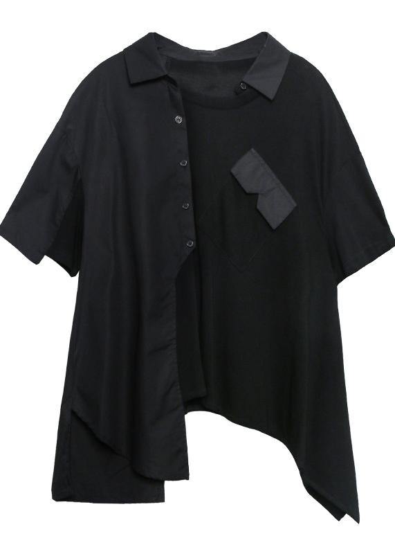 Simple black Tunic asymmetric patchwork tunic shirts - bagstylebliss