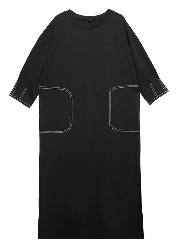 Simple black cotton clothes For Women side open Traveling fall Dresses - bagstylebliss