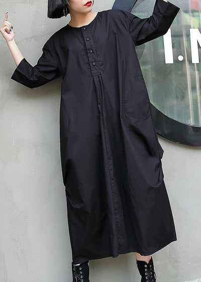 Simple black cotton quilting dresses o neck Cinched Maxi summer Dresses - bagstylebliss