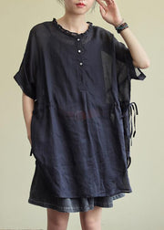 Simple black cotton tunic pattern o neck Ruffles Plus Size Clothing blouses - bagstylebliss