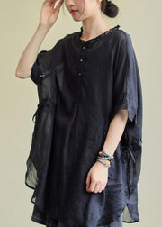 Simple black cotton tunic pattern o neck Ruffles Plus Size Clothing blouses - bagstylebliss