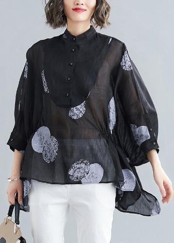 Simple black dotted linen linen tops women o neck asymmetric cotton summer top - bagstylebliss