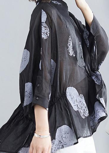 Simple black dotted linen linen tops women o neck asymmetric cotton summer top - bagstylebliss