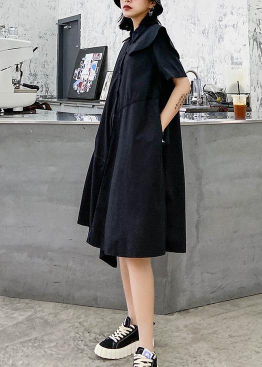 Simple black dress lapel zippered baggy asymmetric Dresses - bagstylebliss