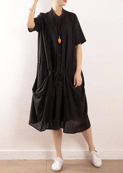 Simple black linen quilting dresses 2019 design stand collar long summer Dresses - bagstylebliss