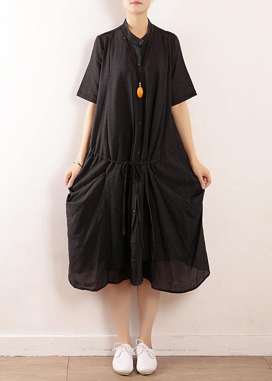 Simple black linen quilting dresses 2019 design stand collar long summer Dresses - bagstylebliss