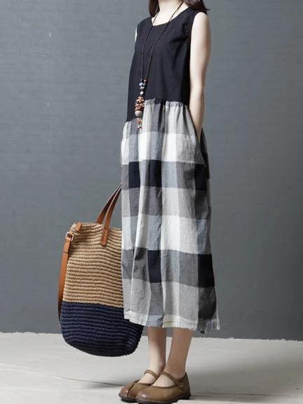 Simple black patchwork Plaid linen Tunic sleeveless Knee Dress - bagstylebliss