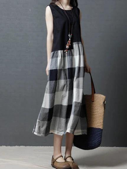 Simple black patchwork Plaid linen Tunic sleeveless Knee Dress - bagstylebliss