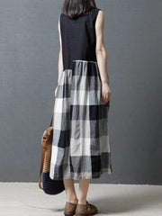 Simple black patchwork Plaid linen Tunic sleeveless Knee Dress - bagstylebliss