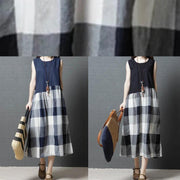 Simple black patchwork Plaid linen Tunic sleeveless Knee Dress - bagstylebliss