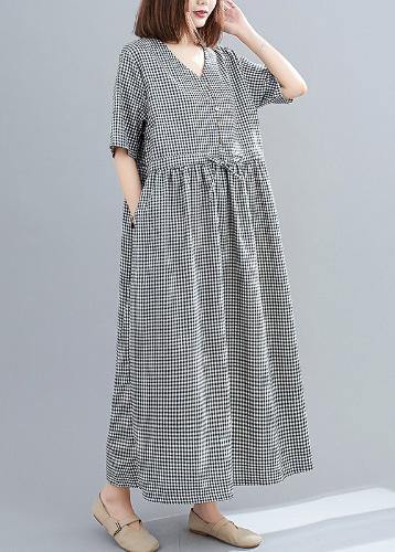 Simple black plaid linen cotton dresses v neck drawstring loose Dresses - bagstylebliss