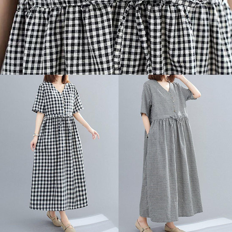 Simple black plaid linen cotton dresses v neck drawstring loose Dresses - bagstylebliss