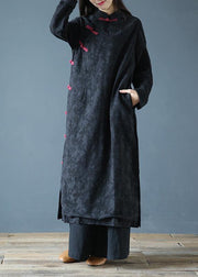 Simple black print clothes Women stand collar Chinese Button Kaftan Dresses - bagstylebliss