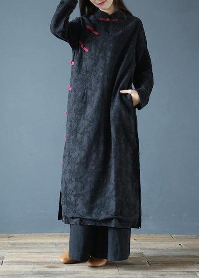 Simple black print clothes Women stand collar Chinese Button Kaftan Dresses - bagstylebliss