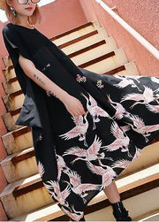 Simple Black Crane Prints Cotton Plus Size Summer Dress - bagstylebliss
