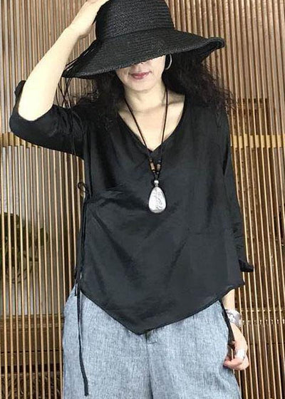 Simple black v neck linen shirts women asymmetric hem Plus Size Clothing fall shirts - bagstylebliss