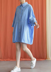 Simple blue Cotton dresses drawstring Knee fall Shirt Dresses - bagstylebliss