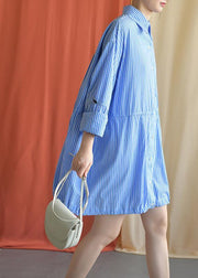 Simple blue Cotton dresses drawstring Knee fall Shirt Dresses - bagstylebliss