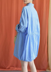 Simple blue Cotton dresses drawstring Knee fall Shirt Dresses - bagstylebliss