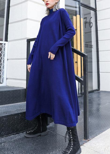 Simple blue Sweater dress outfit Street Style high neck pockets Ugly knit dresses - bagstylebliss