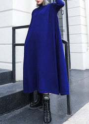 Simple blue Sweater dress outfit Street Style high neck pockets Ugly knit dresses - bagstylebliss