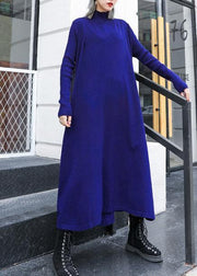 Simple blue Sweater dress outfit Street Style high neck pockets Ugly knit dresses - bagstylebliss