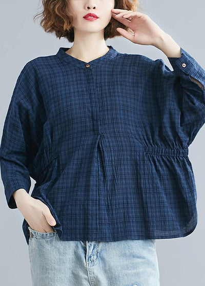 Simple blue cotton crane tops stand collar Batwing Sleeve short shirts - bagstylebliss