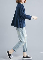 Simple blue cotton crane tops stand collar Batwing Sleeve short shirts - bagstylebliss