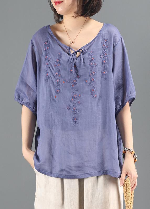 Simple blue embroidery top Sewing o neck short sleeve shirts - bagstylebliss