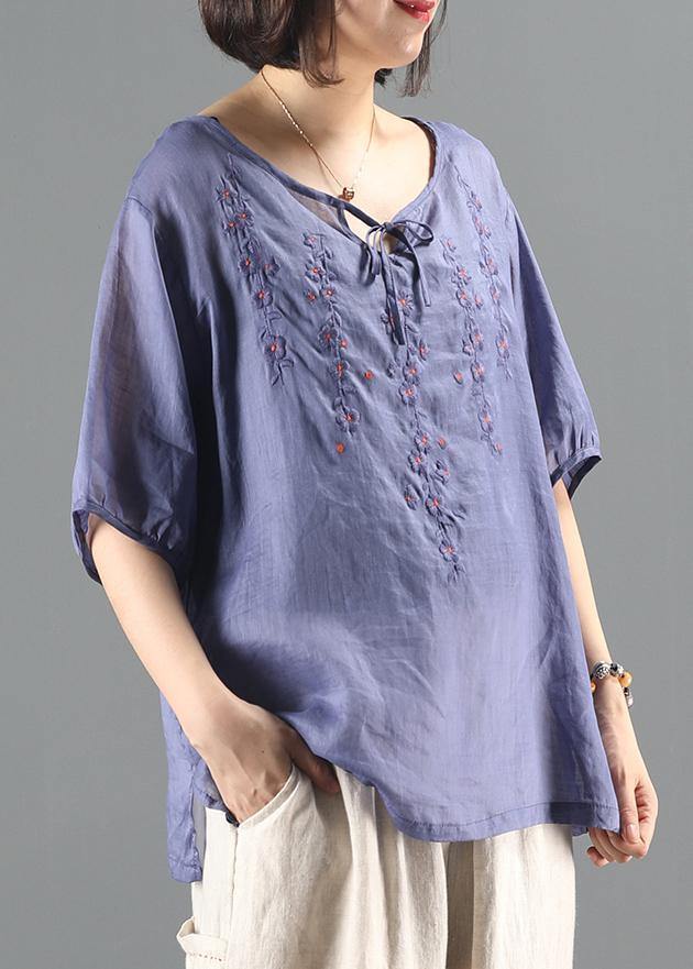 Simple blue embroidery top Sewing o neck short sleeve shirts - bagstylebliss