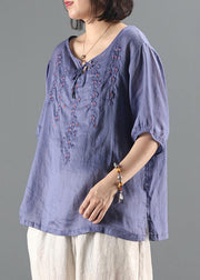 Simple blue embroidery top Sewing o neck short sleeve shirts - bagstylebliss