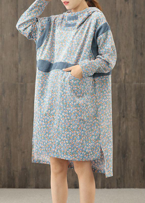 Simple blue print hooded patchwork shift Dresses - bagstylebliss