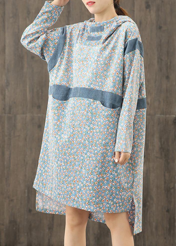 Simple blue print hooded patchwork shift Dresses - bagstylebliss