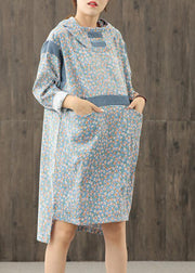 Simple blue print hooded patchwork shift Dresses - bagstylebliss