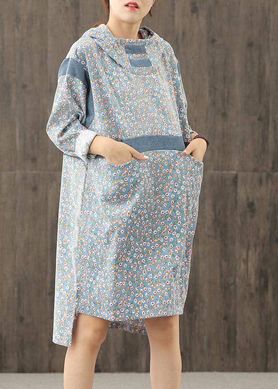 Simple blue print hooded patchwork shift Dresses - bagstylebliss