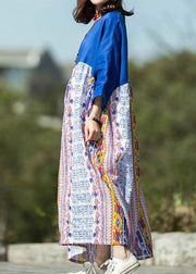Simple blue print linen Robes patchwork o neck Robe summer Dress - bagstylebliss