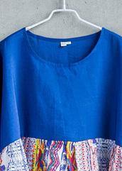 Simple blue print linen Robes patchwork o neck Robe summer Dress - bagstylebliss