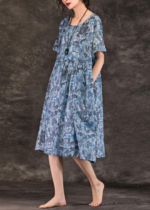 Simple blue print linen clothes o neck pockets loose summer Dress - bagstylebliss