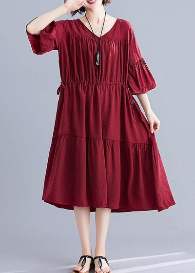 Simple burgundy Cotton clothes v neck drawstring summer Dresses - bagstylebliss
