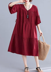 Simple burgundy Cotton clothes v neck drawstring summer Dresses - bagstylebliss