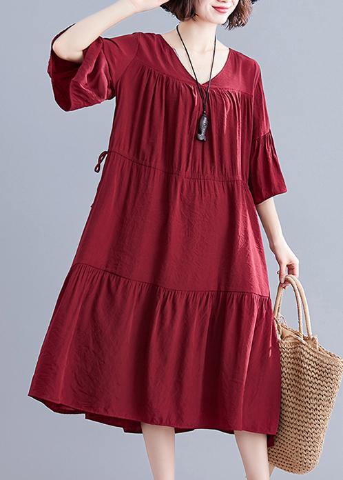 Simple burgundy Cotton clothes v neck drawstring summer Dresses - bagstylebliss