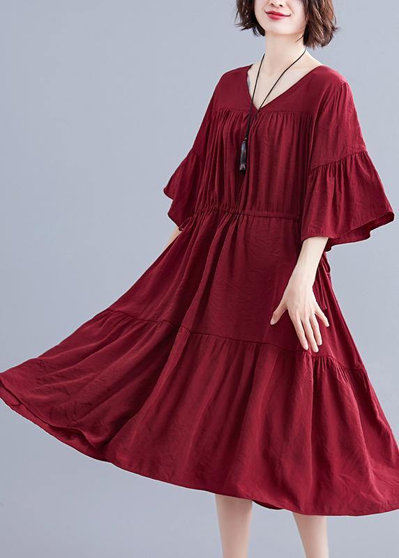 Simple burgundy Cotton clothes v neck drawstring summer Dresses - bagstylebliss