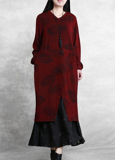 Simple burgundy clothes For Women v neck pockets long Dresses - bagstylebliss